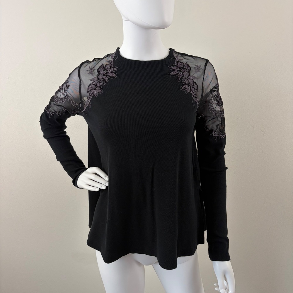 Free People Whimsigoth Womens Ribbed Thermal Embroidered Mesh Lace Top Black XS